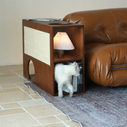 Shared antique style solid wood sofa with cat scratch cloth on the edge for both humans and pets