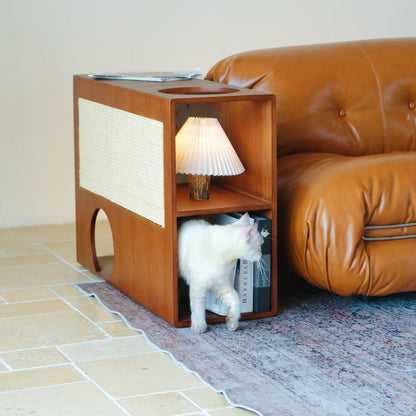 Shared antique style solid wood sofa with cat scratch cloth on the edge for both humans and pets