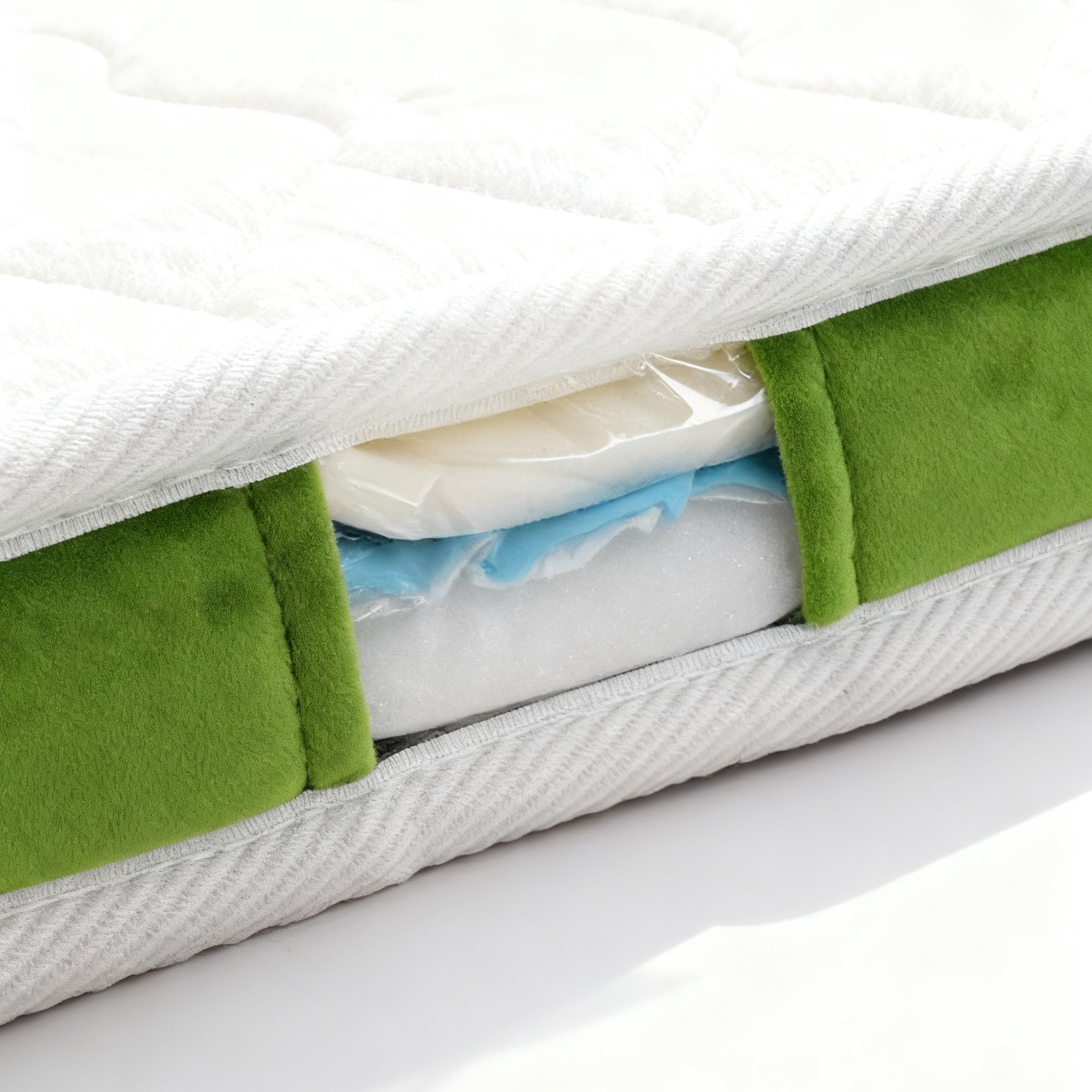 PetJane green and white quilted dog mattress pad placed on a black bookshelf